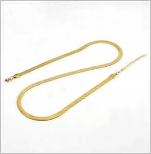 Macro detail of golden flat snake chain necklace with lobster clasp and extension link