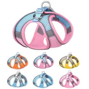 Detail of breathable mesh dog harness with reflective strips in six color variants