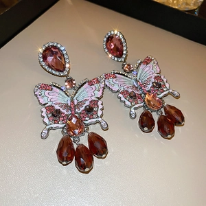 Vintage butterfly crystal tassel earrings with sparkling rhinestones and enamel inlay