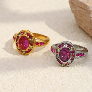 Vintage 18K gold and silver plated rings with pink oval zircon and colorful gemstones