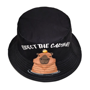 Black canvas bucket hat with cartoon Capybara print and Respect The Capybara text