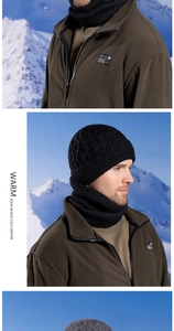 Detailed knit texture of winter beanie and neck warmer with warm fleece lining for men
