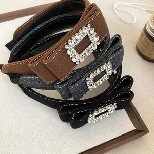 Retro velvet headband with rhinestone bow design in caramel brown and dark grey