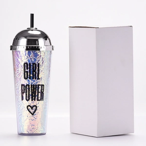 24oz double-walled iridescent leopard straw cup with Girl Power text and silver dome lid