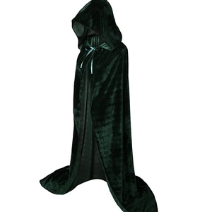 Dark green velvet hooded cloak with satin ribbons for Halloween stage costume