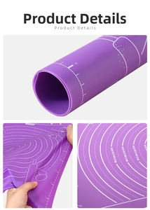 Detail of purple silicone baking mat showing measurement scales and circular guides