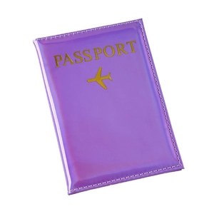 Purple holographic laser PU leather passport holder with gold airplane icon and text