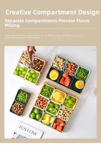 Detail view of square ceramic snack bowls with natural bamboo tray divider set