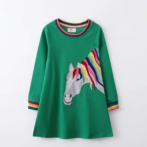 Robe princesse fille en coton vert à manches longues avec appliqué de cheval coloré
