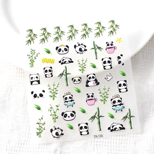Cute 3D embossed panda nail art stickers with bamboo patterns on white lace background