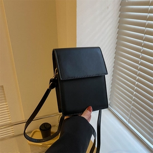 Minimalist black PU leather rectangular crossbody phone bag with sleek flap design
