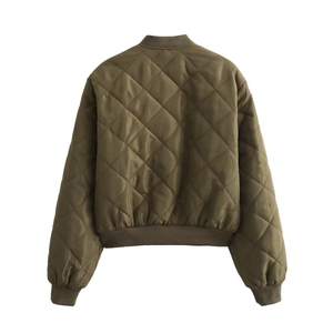 Back view of army green quilted bomber jacket with diamond pattern and ribbed collar