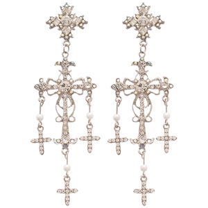 Silver needle gothic cross drop earrings with shimmering rhinestones and white pearls