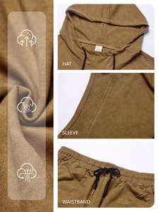 Detailed views of khaki tracksuit featuring breathable fabric, hood, stitching, and waistband