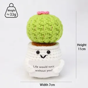 Handmade crochet cactus in white pot with a cute life quote card for office desk decor