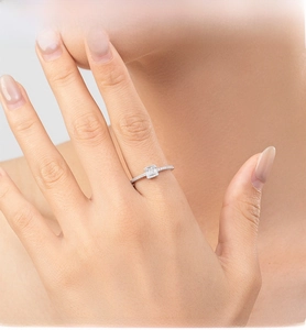 Detail view of a sparkling S925 silver square halo ring worn on a woman's finger
