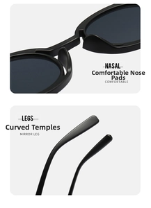 Detail of ergonomic nasal pads and curved anti-slip temples on matte black punk sunglasses