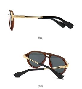 Side and back view of tortoiseshell pilot sunglasses with golden metal temples
