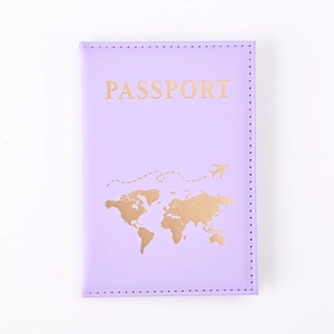 Light purple PU leather passport cover with gold world map and aircraft design
