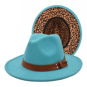 Sky blue wool fedora hat with leopard print brim and leather band with metal studs