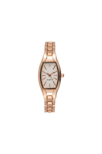 Macro detail of rose gold tonneau quartz watch with elegant metal mesh strap on white background