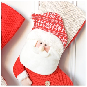 Detail of knitted Christmas stocking with 3D Santa Claus and plush white beard