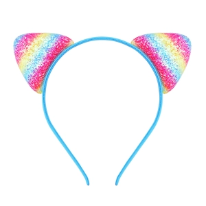 Kids blue cat ear headband with rainbow sequins on a plain white background