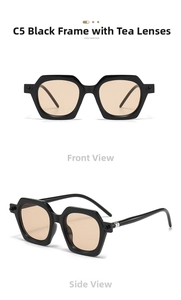 Front and side views of thick polygon sunglasses with black frames and tea lenses