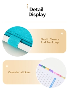 Detail of blue faux leather planner showing elastic pen loop and calendar index stickers