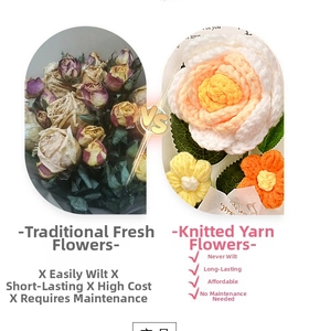 Detailed comparison showing vibrant handmade crochet flower bouquet next to withered flowers