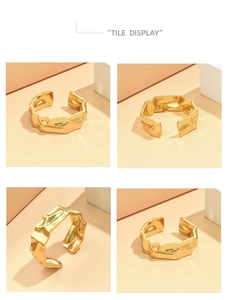Detail shots of golden hammered texture stainless steel open ring from multiple angles