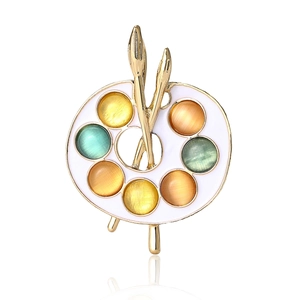 Luxurious alloy enamel painter palette brooch with colorful gems and golden paintbrushes