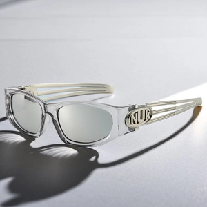 Detail of silver metallic sunglasses with triple-line hollow temples and oval logo