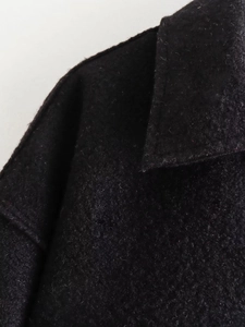 Close-up of black woolen coat showing high-quality fabric texture and collar detail