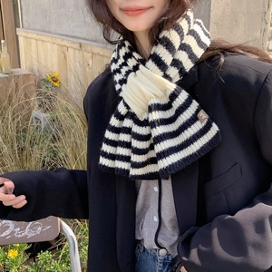 Winter striped knit scarf for women with wool blend fabric and unique D.D label detail