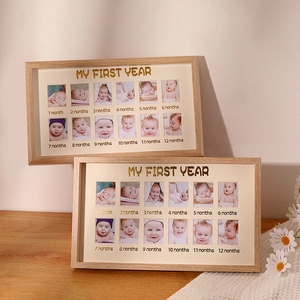 Wooden My First Year baby growth photo frame with 12-month collage for nursery decor