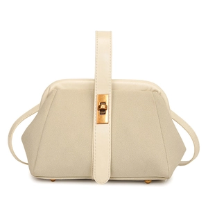 Detail view of beige crossbody bag with matte texture and vintage gold twist lock buckle