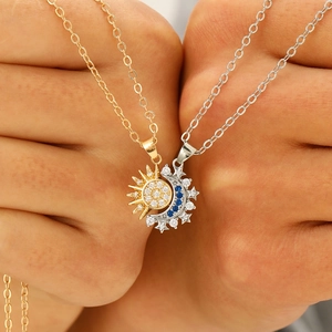 Magnetic sun and moon couple necklace set with sparkling crystals and thin chain