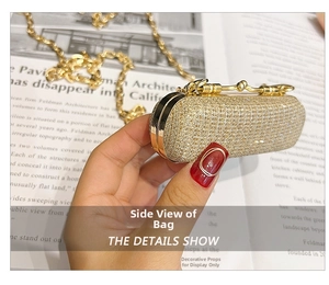 Close-up of golden sequin mini clutch with metallic frame and spherical clasp detail