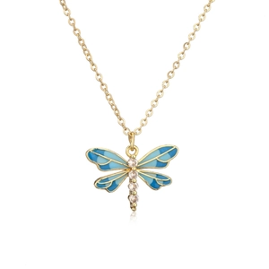 Exquisite 18K gold-plated necklace with a blue dragonfly pendant and zircons