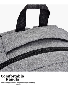 Detail of the gray backpack showing a comfortable reinforced handle and durable fabric