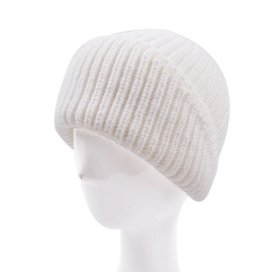 Detailed close-up of thick white ribbed knit beanie with a folded cuff on mannequin