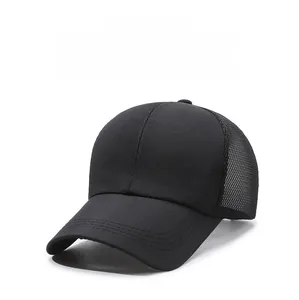 Close-up of breathable mesh fabric and 'SPORT' embroidery on the black baseball cap