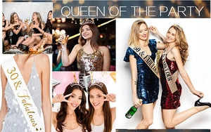 Collage of models wearing rhinestone crown and satin sash for 21st, 30th and 50th birthday party