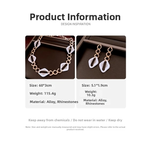 Detail specifications of geometric necklace and earrings set with diamond and oil dripping