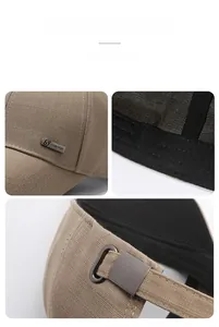 Detail of khaki twill fabric baseball cap with S Fashion metal logo and adjustable buckle