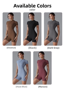 Front view of zip-up short sleeve bodysuits in five colors including chestnut and black