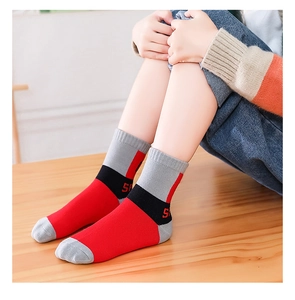 Detailaufnahme der Kinder-Baumwollsocken in Rot und Grau mit schwarzen Streifen und SA-Logo