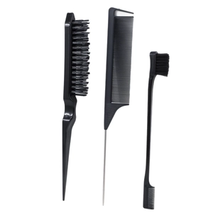 Professional 3-piece black hair styling set with pintail comb and teasing brush tools