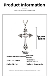 Detailed view of gothic copper cross pendant with 45x30mm dimensions and vintage finish